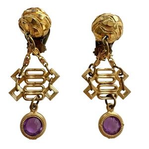Vintage Art Deco Gold Tone Clip On Earrings Purple Crystal Geometric Statement